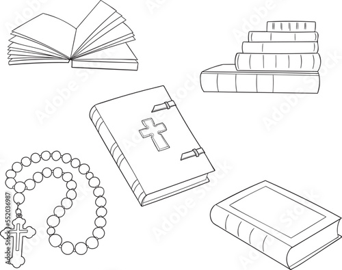 Christian bible book. Vector illustrations depict a set of bible books that open, close, show the cover. Doodle style. Cross with rosary.
