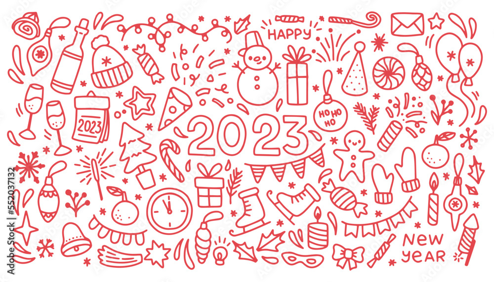 Naklejka premium Set of New Year doodle, Christmas doodle vector set
