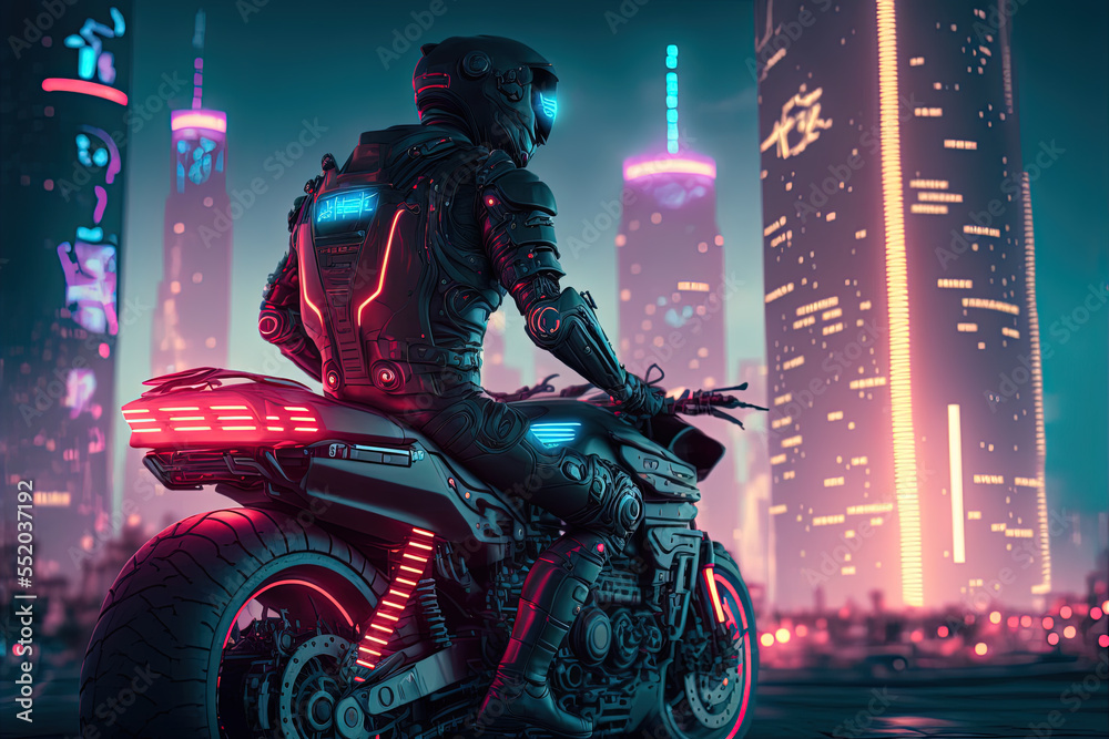 Biker on an Futuristic motorcycle. Evening futuristic city in background.  Neon urban future. Wallpaper in a cyberpunk style. Digital art Stock  Illustration | Adobe Stock