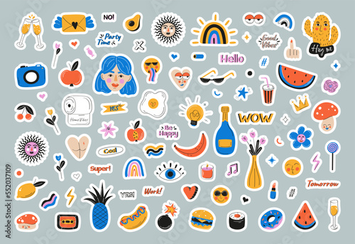 Set of sticker, vector flat illustration. Cute sticker template decorated  trendy lettering. Signs, symbols, objects for scheduler or organizer

