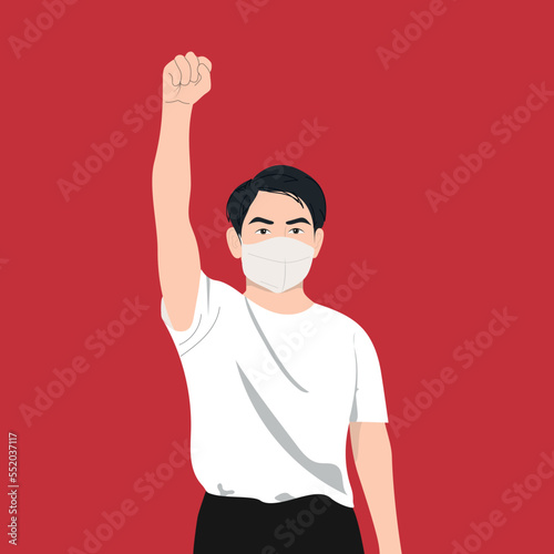 Chinese man in mask raised his fist up. China protests vector illustration