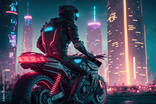 Biker on an Futuristic motorcycle. Evening futuristic city in background. Neon urban future. Wallpaper in a cyberpunk style. Digital art
