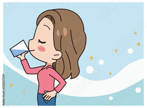 Illustration of a young woman drinking water.