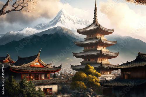 Yunnan, China's ancient pagoda amid the backdrop of snow-capped Mount Cangshan. Generative AI photo