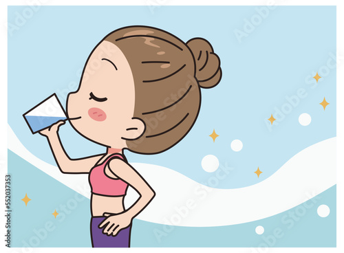 Illustration of a young woman drinking water.