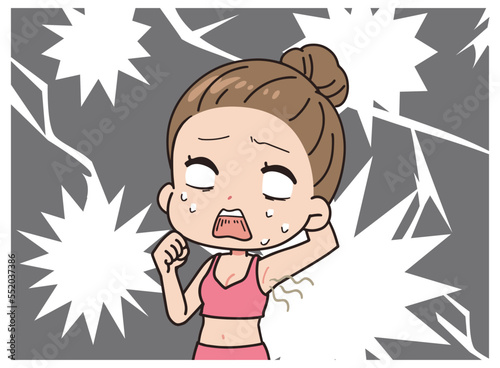 An illustration of a woman shocked by the smell of her armpit.