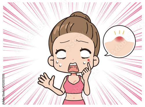 Illustration of a woman shocked by acne.
