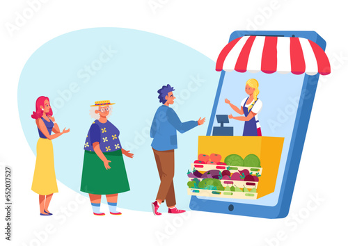 Farm food at smartphone, online shop, vector illustration, flat man woman character buy fresh fruits, vegetables at mobile grocery.