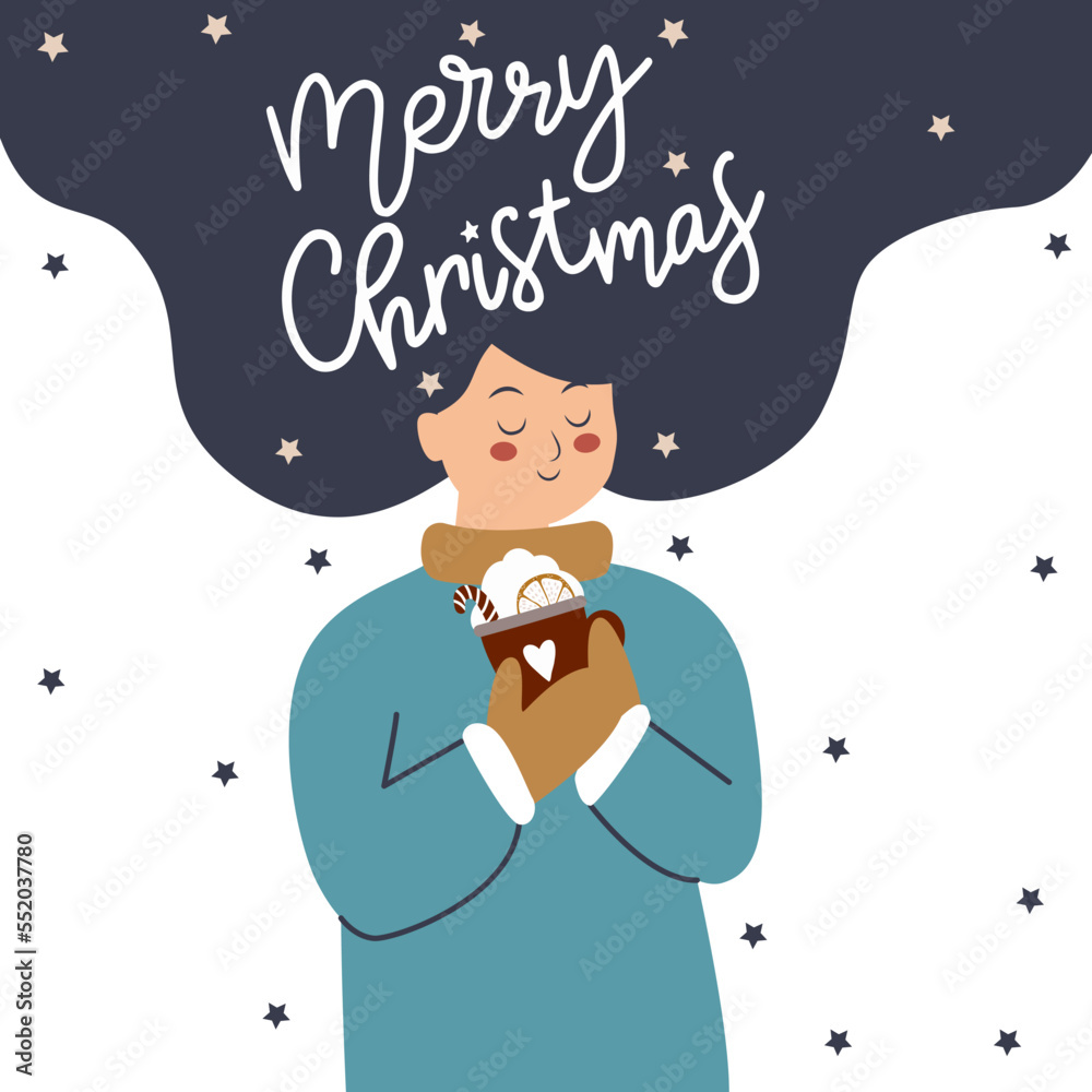 A beautiful woman wearing a sweater with long hair holds a cup with hot drink. Merry Christmas words. New year vibes. Winter character. A beautiful woman wearing a sweater with long hair holds a cup with hot drink. Merry Christmas words. New year vibes. Winter character.