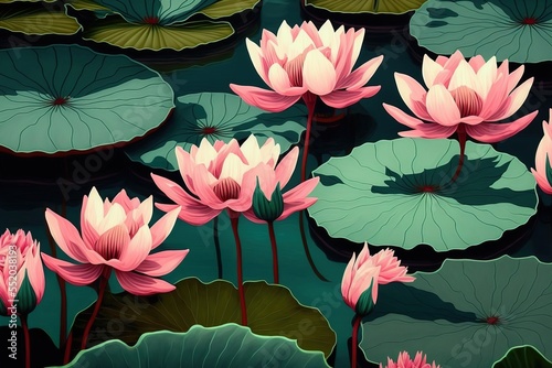 Lotus pond. Beautiful scenery. Meditation. Generative AI
