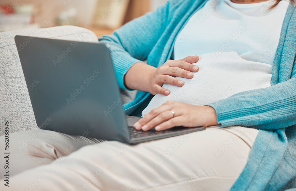 Naklejka premium Pregnant, woman and laptop for online medical research to prepare for motherhood and being a parent. Computer, mum and pregnancy with a female searching for child advice during maternity leave