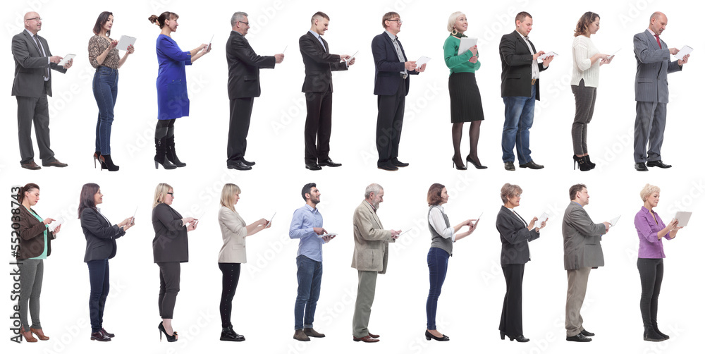 group of people holding tablet and looking ahead