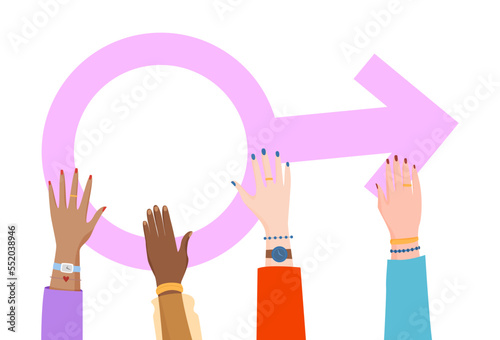 Woman hands hold female symbol concept, vector illustration, flat girl character at pink gender sign, feminist activist group, isolated on white.