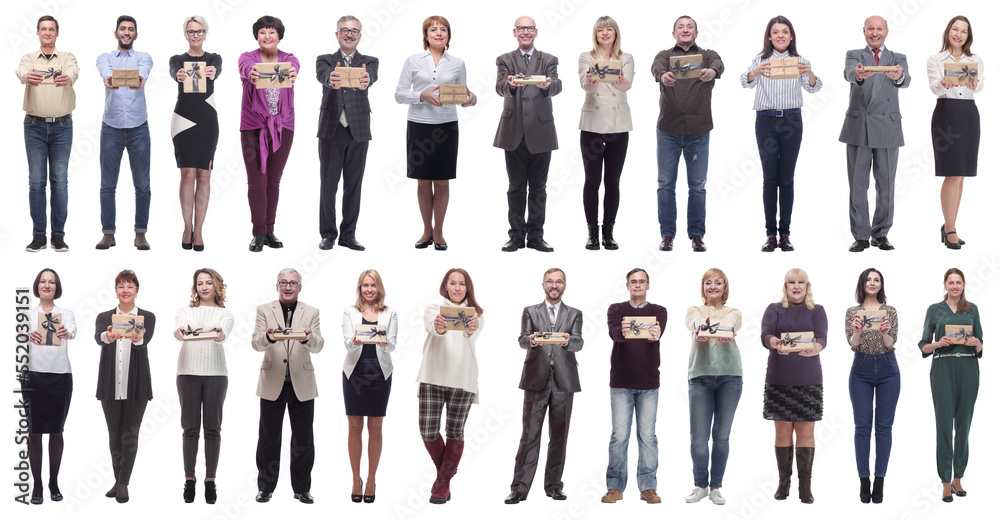 Fototapeta premium group of happy people with gifts in their hands isolated