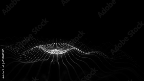 Abstract music sound wave. Dark cyberspace with moving particles. Futuristic circle wave with digital database. Big data analytics. 3d rendering.