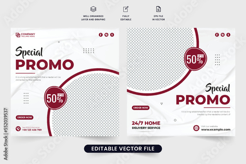 Food promo template social media post vector with red wine color. Special food menu promotional web banner design for social media marketing. Food discount template design with abstract shapes.