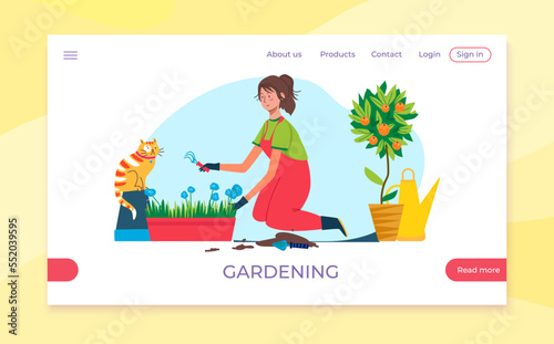 Home gardening, landing page concept, vector illustration, flat woman character work with flower plant in house, person hold tools, web banner.