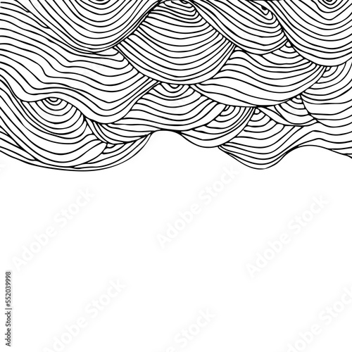 Simple minimalist wave pattern. Hand drawn graphic line art. Modern abstract  landscape. Monochrome black and white curly doodles
