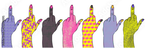 Vector illustration of colorful hands. Fuck you. Psychedelic set for your design. Strike, protest.