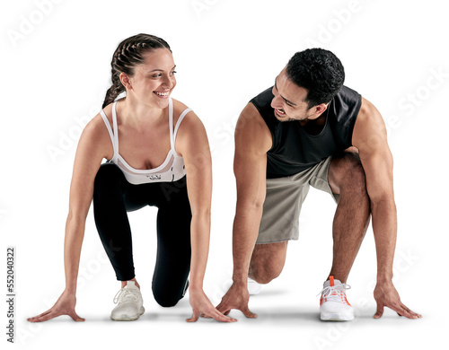 PNG studio shot of a sporty young man and woman in starting position. © Suresh/peopleimages.com
