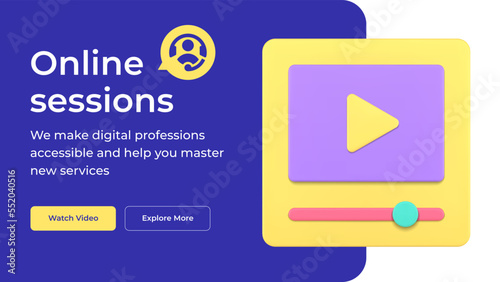 Online sessions digital webinar lessons cyberspace multimedia content workshop distance education social media banner 3d icon vector illustration. Internet lecture tutorials e learning live streaming