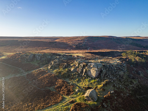 Aerial view of Cow and Calf rock formations in Ilkley, West Yorkshire.
