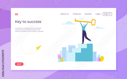 Key to business success concept, landing page, vector illustration, flat man person character hold huge golden clue to creative work.