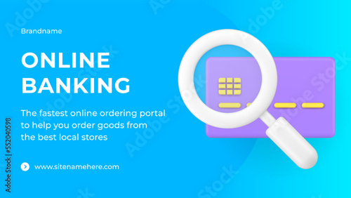 Online banking credit card shopping payment financial digital service social media banner 3d icon vector illustration. Internet bank data searching cyberspace accounting money manage web transaction