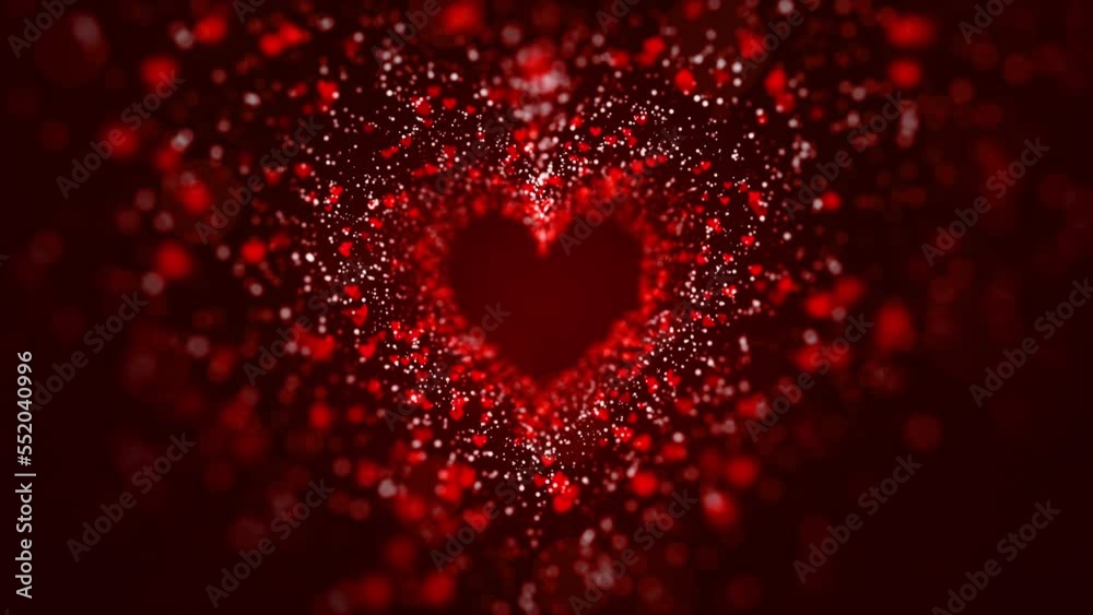Valentine's day abstract background, Red particles flowing for Valentine's day, Wedding anniversary, Background Heart shaped tunnel animation 4K seamless loop