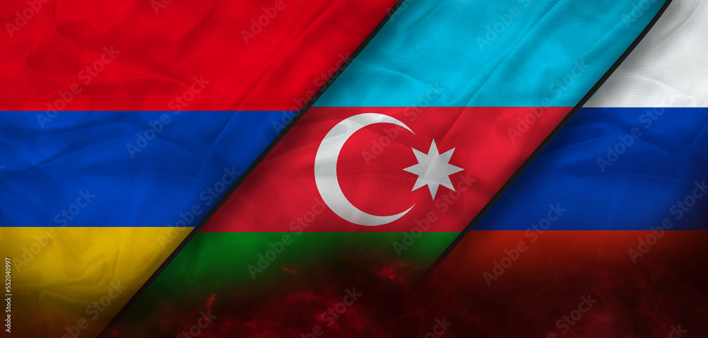 Fototapeta premium Armenia, Azerbaijan and Russia flags with scar concept. Waving flag, 3D rendering. Armenia Azerbaijan Russia conflict, relations concept.