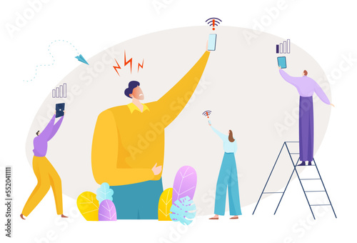 Lost connection concept, vector illustration. Flat man woman character search for internet, person hold smartphone technology for connect.
