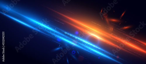 Blue technology background with motion neon light effect.Vector illustration. 