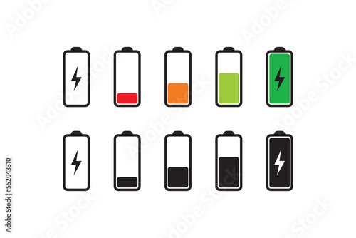 Battery charge level icon set. Power level battery smartphone illustration symbol. Sign energy storage concept vector flat.