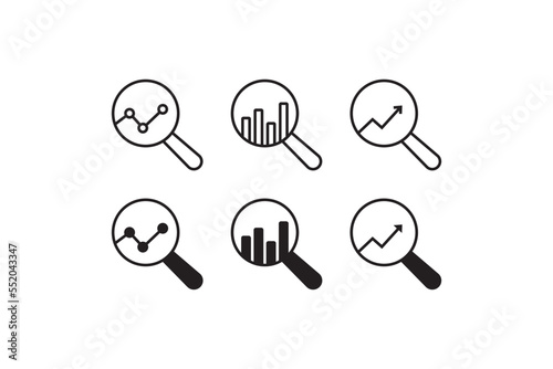 Bussines research icon set. Analize economics illustration symbol. Sign magnifying glass and graph vector flat. photo