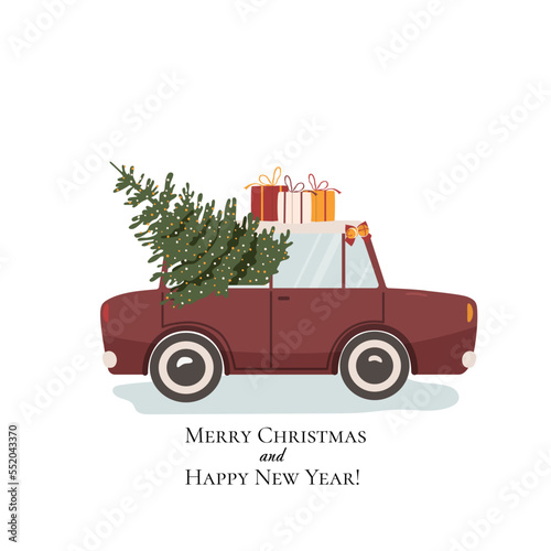 Old car delivery Christmas tree. Retro automobile driving Xmas fir, preparing for winter holidays. Merry Christmas postcard, invitation. Flat vector illustration isolated on white background
