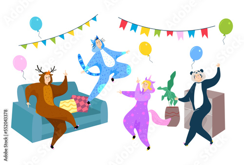 Party in kigurumi, vector illustration, flat man woman character in funny pajama , animal costume, young friends jump dance at home.