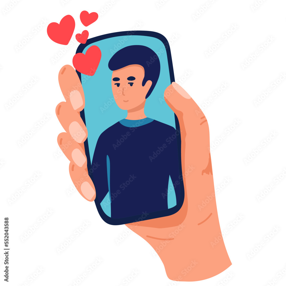 Video call with loved one. Female hand holding smartphone. boyfriend on screen. long distance relationship concept. Flat cartoon vector illustration. Smiling man , glasses with briefcase making calls,