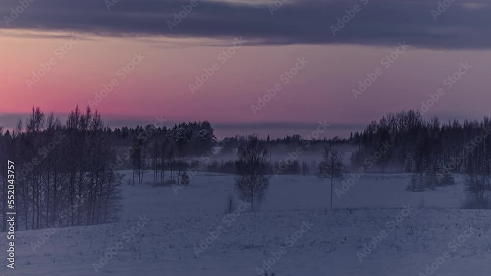 Timelapse of grassland with trees covered in snow on sunset. Night Transition Timelapse of grassland with trees covered in snow on sunset. Night Transition