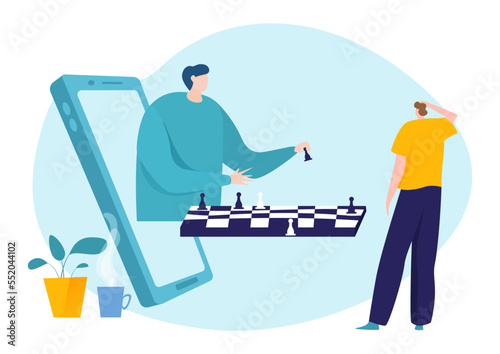 Play chess in internet, vector illustration, tiny man player character use online game with checkmate, huge smartphone with guy play at chessboard