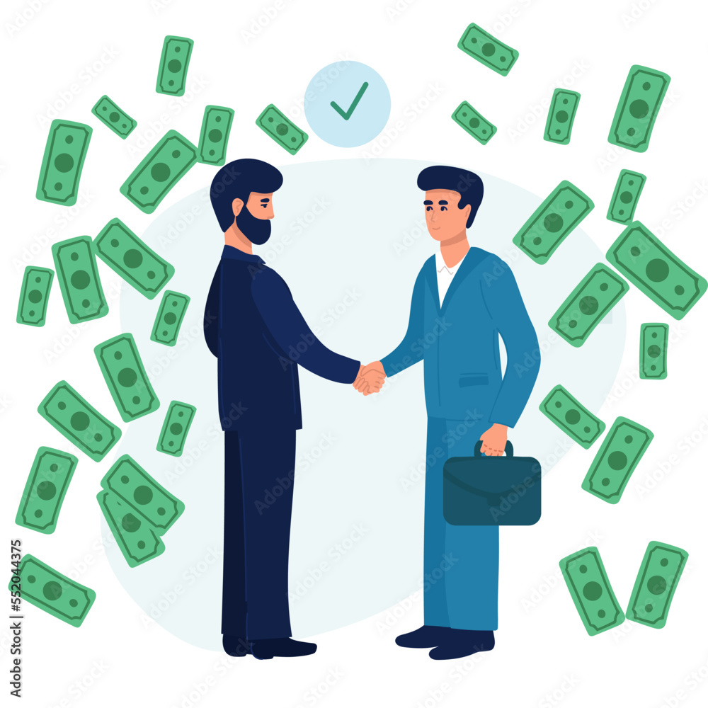 Business partnership. Illustration of business people in suits shaking hands. Flat design isolated on a white background. Vector money Business partnership. Illustration of business people in suits shaking hands. Flat design isolated on a white background. Vector money