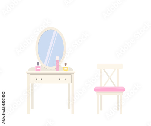 Dressing table with mirror, and chair isolated on white background. Home interior concept. Cartoon flat style. Vector illustration