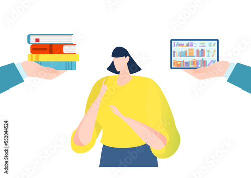 Real book or online library design, vector illustration, flat woman character choose information, hand hold online mobile app and literature.