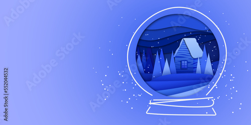 Paper cut effect. Banner with house in snowball. Vector flat illustration