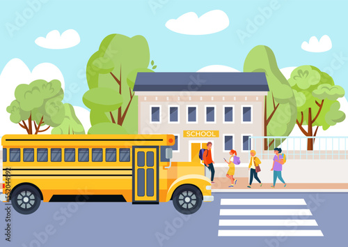 School bus with people, vector illustration, transport near education building, boy girl student charcater go home at city road crosswalk.