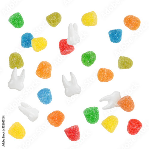 Fotografie Colorful candies gumdrops and white teeth are falling together symbol of teeth caries isolated on white background