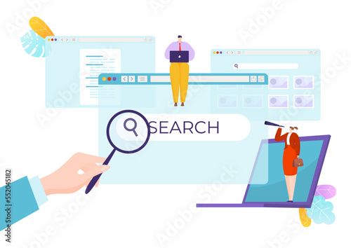 Online search at web page, vector illustration. Tiny flat woman man user character look for information, research in computer internet.