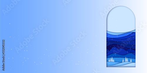 Paper cut effect. Banner with frame and winter landscape. Vector illustration
