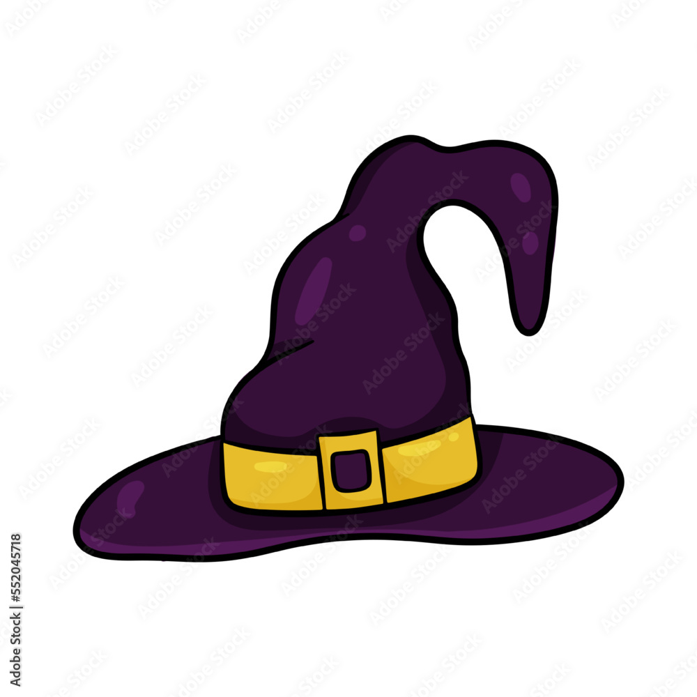 Fototapeta premium Purple witch hat isolated on white background. Cartoon style, vector illustration