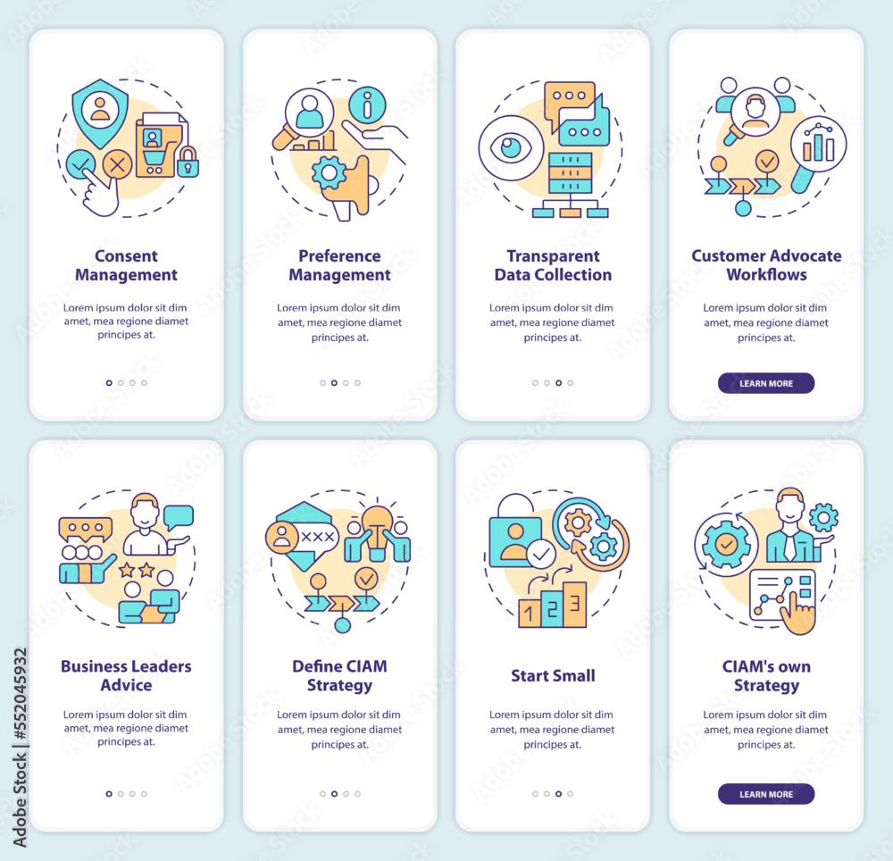 CIAM onboarding mobile app screen set. Customer identity management walkthrough 5 steps editable graphic instructions with linear concepts. UI, UX, GUI template. Myriad Pro-Bold, Regular fonts used