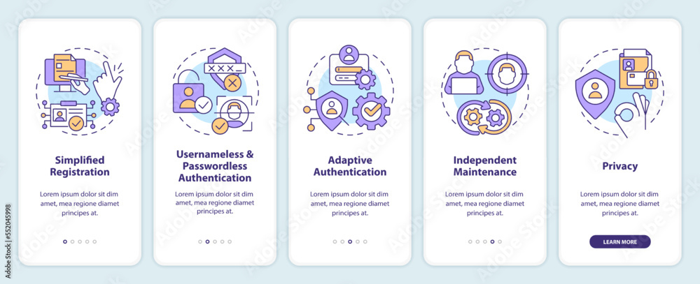 CIAM pros onboarding mobile app screen. User registration experience walkthrough 5 steps editable graphic instructions with linear concepts. UI, UX, GUI template. Myriad Pro-Bold, Regular fonts used